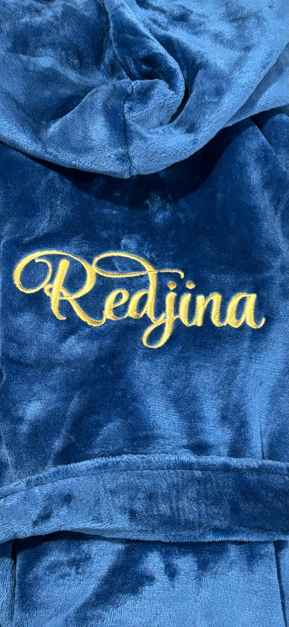 Plush fleece navy blue bathrobe with hood and custom embroidery name on back.