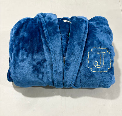 Plush fleece navy blue bathrobe with custom embroidery initial 