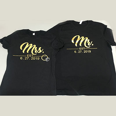 T-shirt Mr. and Mrs. gold metallic HTV p graphic in shimmer finish