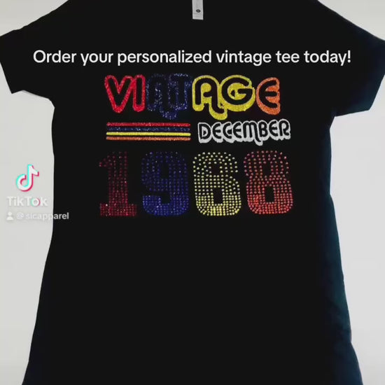 Personalized vintage birthday t shirt using  glitter and rhinestones