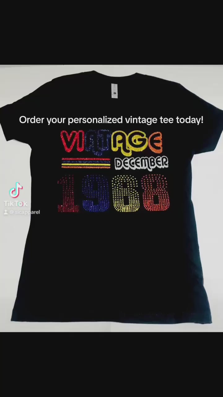 Personalized vintage birthday t shirt using  glitter and rhinestones